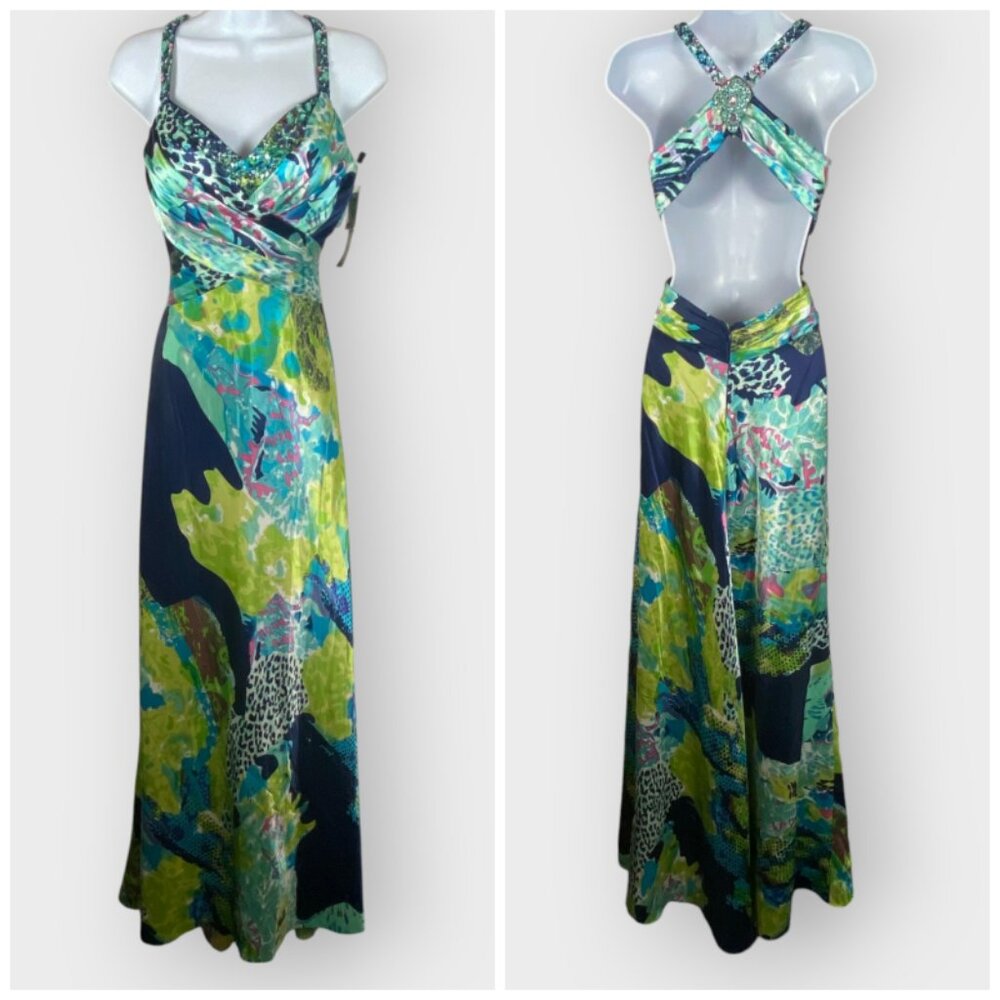NWD Cachet Formal Maxi Dress | 8 | Tropical Satin Open Back | Formal Prom Gala
